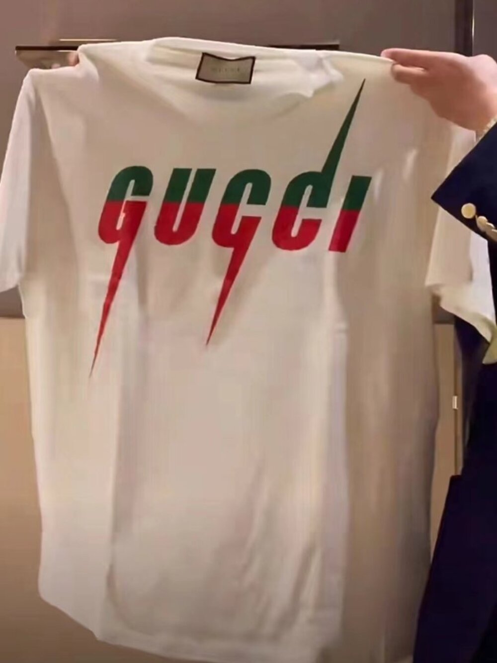 Gucci Lightning Blade Logo Printed Crew Neck Cotton T-shirt, White Unisex